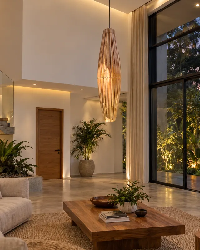Sala de pé-direito duplo com cimento queimado, jardim interno e pendente fuso de bambu de 1,20 m