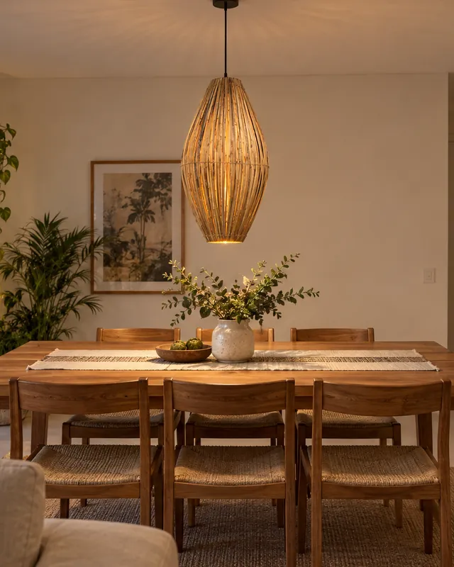Mesa de jantar de apartamento com pendente balão de bambu aceso