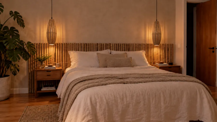 Quarto com cabeceira de bambu e dois pendentes balão de bambu ao lado da cama