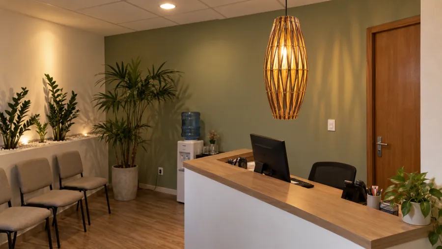 Recepção de consultório com pendente oval de bambu em losangos