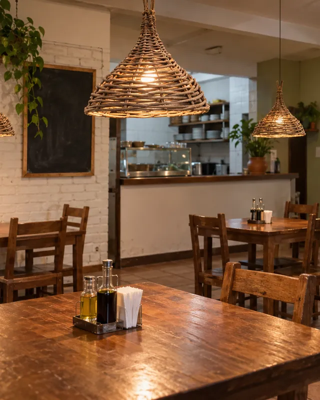 Restaurante de bairro com pendentes de cipó trançado sobre as mesas