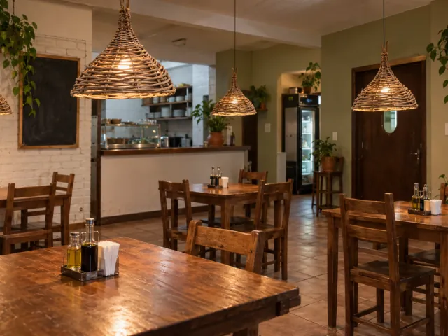 Restaurante de bairro com pendentes de cipó trançado sobre as mesas
