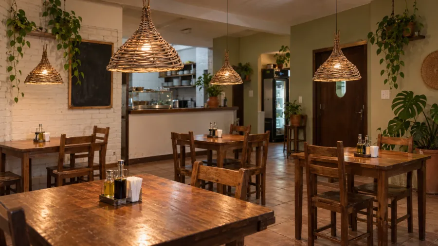 Restaurante de bairro com pendentes de cipó trançado sobre as mesas