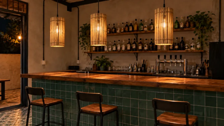 Balcão de bar com pendentes cilindro de bambu acesos