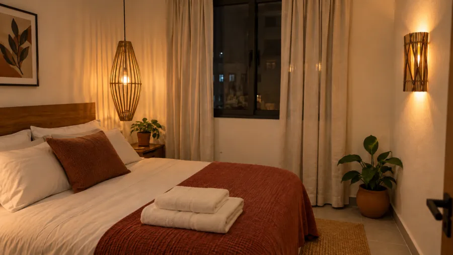 Quarto de apartamento de temporada com pendente balão vazado e arandela de bambu