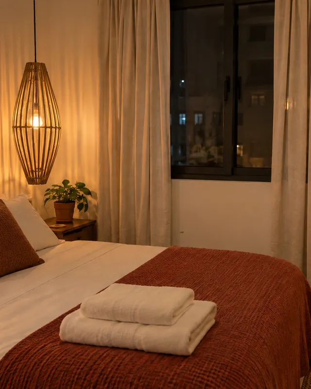 Quarto de apartamento de temporada com pendente balão vazado e arandela de bambu