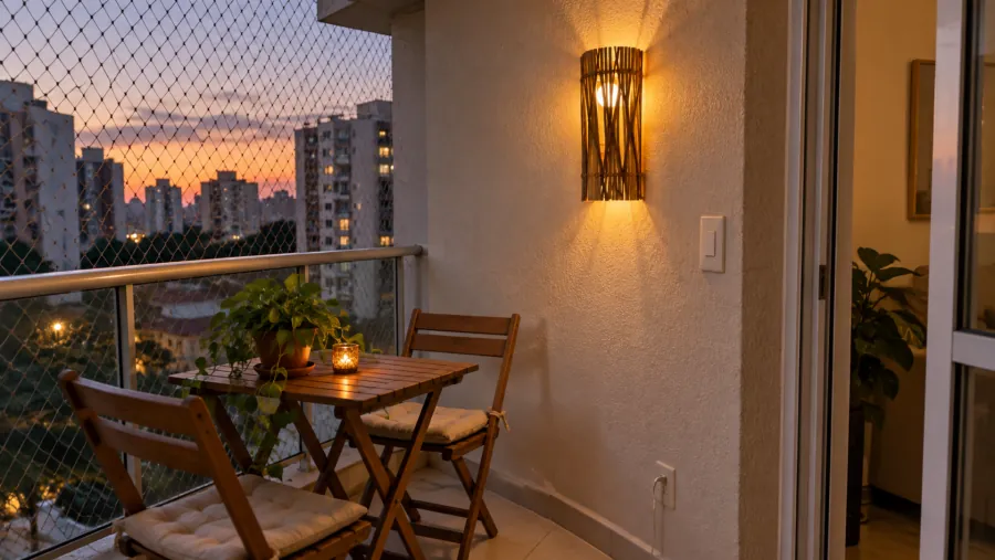 Varanda de apartamento com arandela de bambu acesa