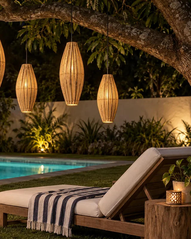 Piscina de casa com pendentes balão de bambu nas árvores
