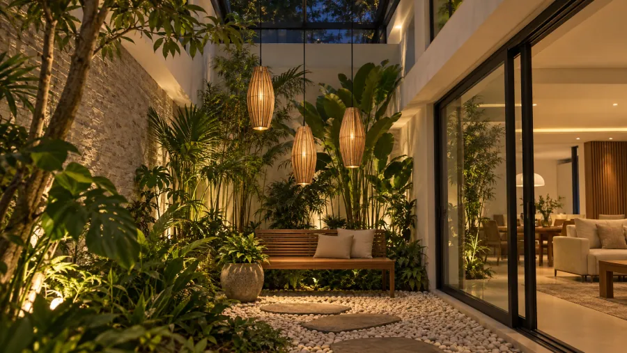Jardim de inverno com pedras, plantas e pendentes balão gota de bambu