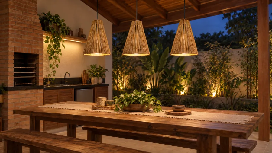 Área gourmet com churrasqueira e três pendentes cone (saia) de bambu