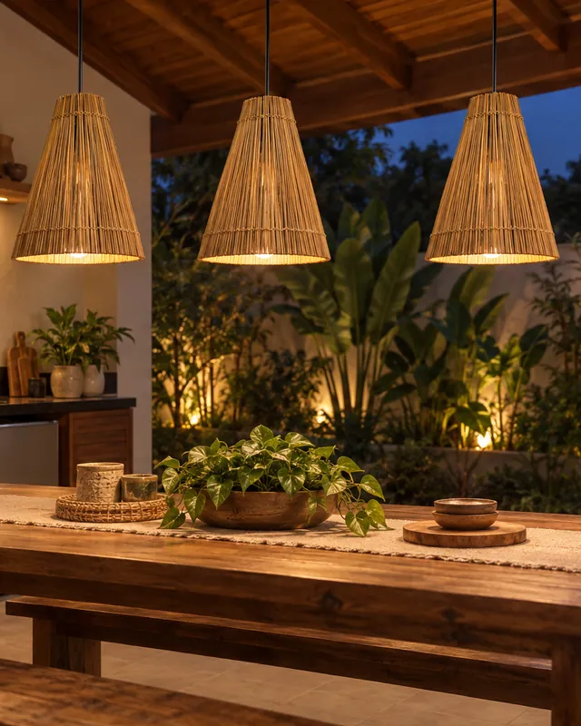 Área gourmet com churrasqueira e três pendentes cone (saia) de bambu