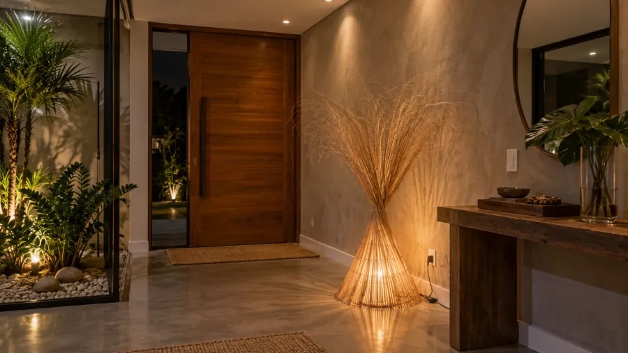 Hall de entrada com luminária de chão de fibra natural