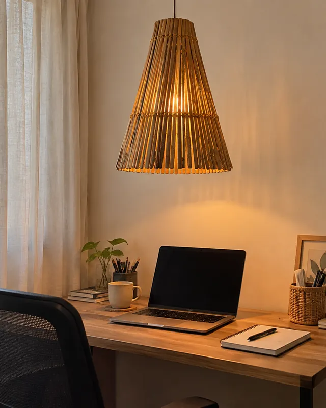 Home office com pendente cone alto de bambu sobre a mesa