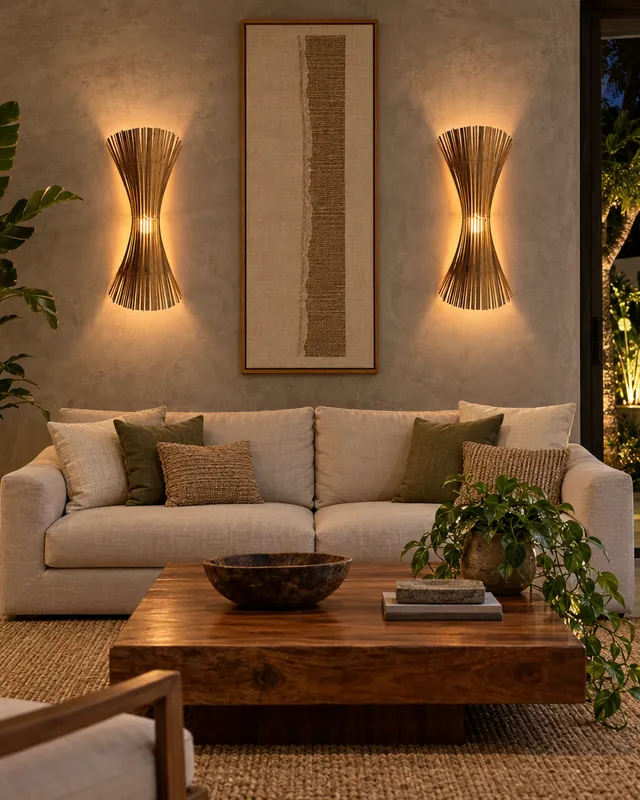 Sala de estar com duas arandelas ampulheta de bambu na parede