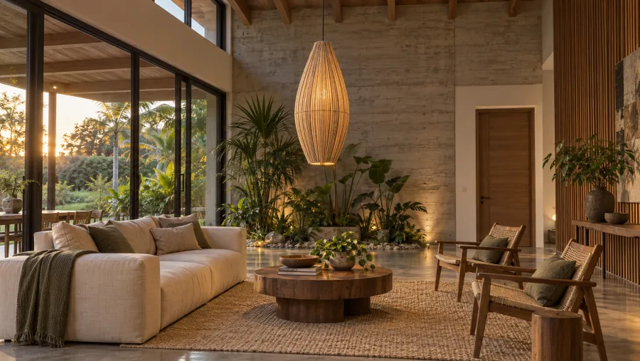 Sala de pé-direito alto com pendente balão gigante de bambu sobre a mesa de centro