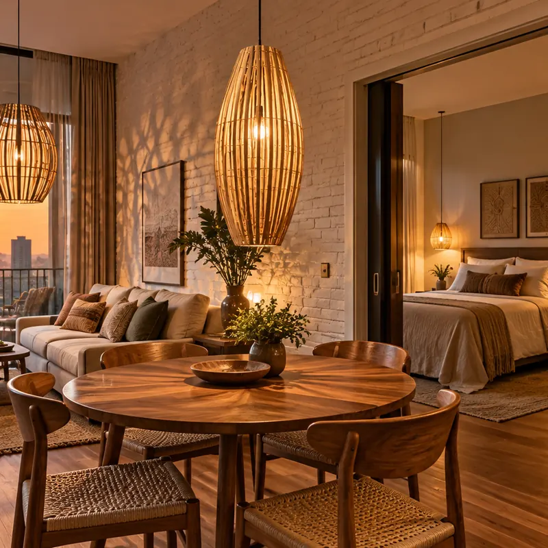 Apartamento de locação (Airbnb) de um dormitório — ambiente com luminárias de bambu