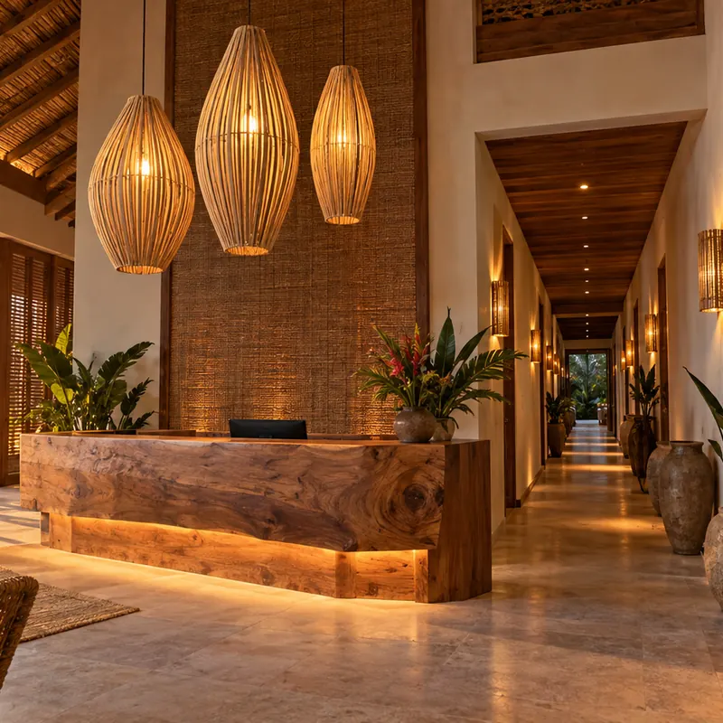 Hotel boutique: lobby, corredores e suítes — ambiente com luminárias de bambu