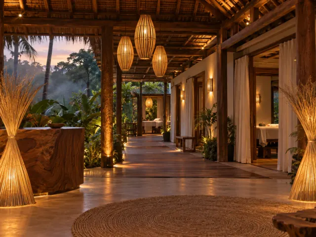 Pousada com spa: recepção, salas de massagem e deck