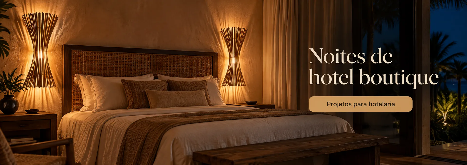 Noites de hotel boutique — suíte com arandelas de bambu na cabeceira. Projetos para hotelaria