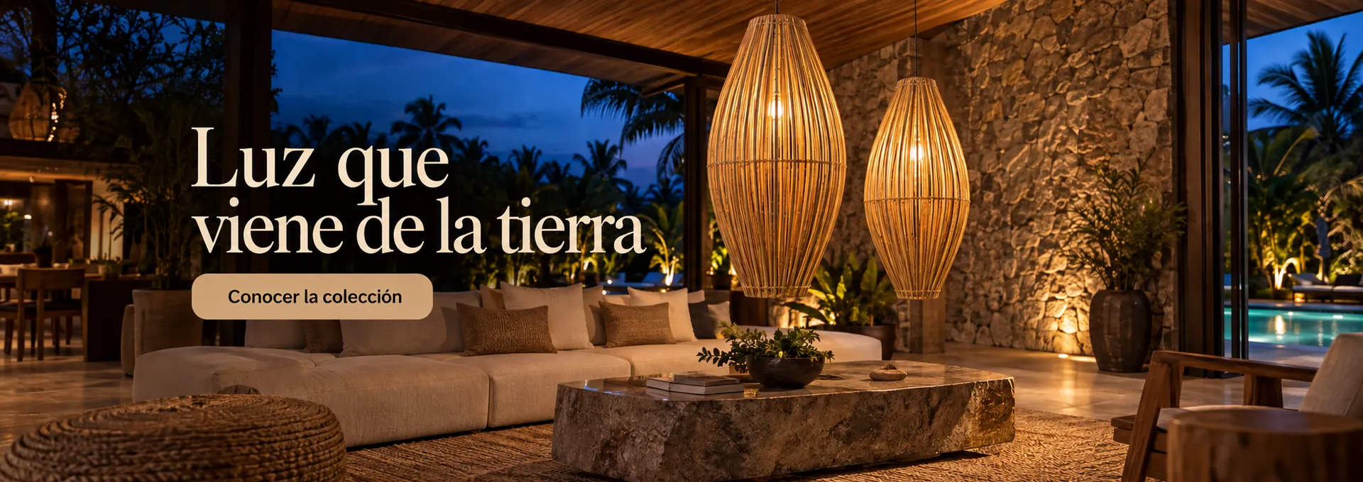 Luz que viene de la tierra — living de alto nivel con lámparas colgantes de bambú Pataxó. Conocer la colección