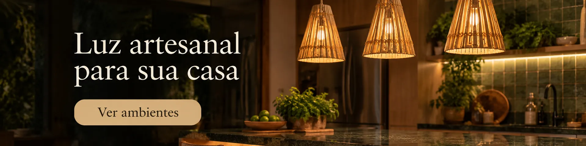Luz artesanal para sua casa — cozinha com pendentes cone de bambu. Ver ambientes