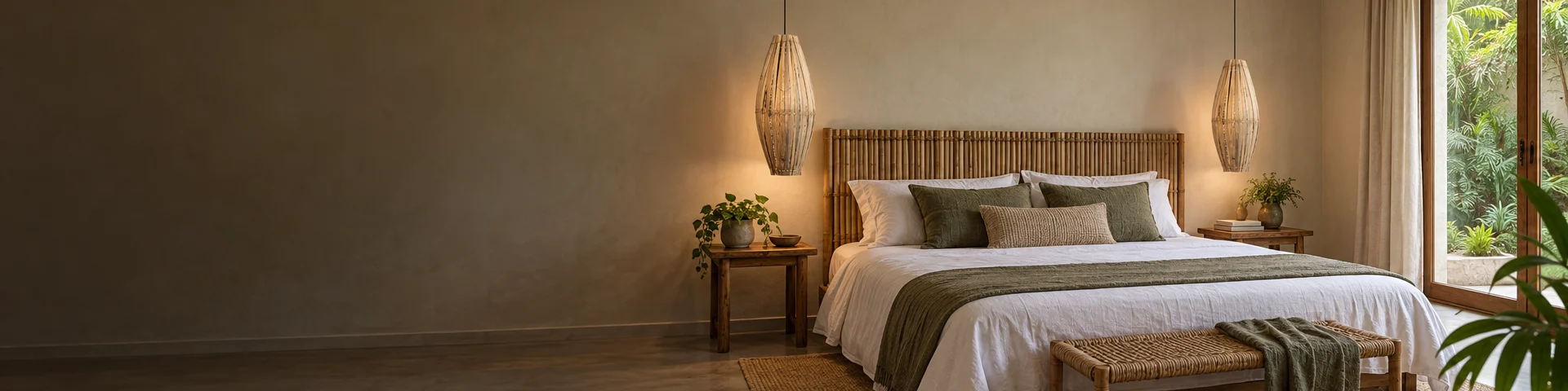 Quarto de apartamento de temporada com dois pendentes de bambu, um de cada lado da cama