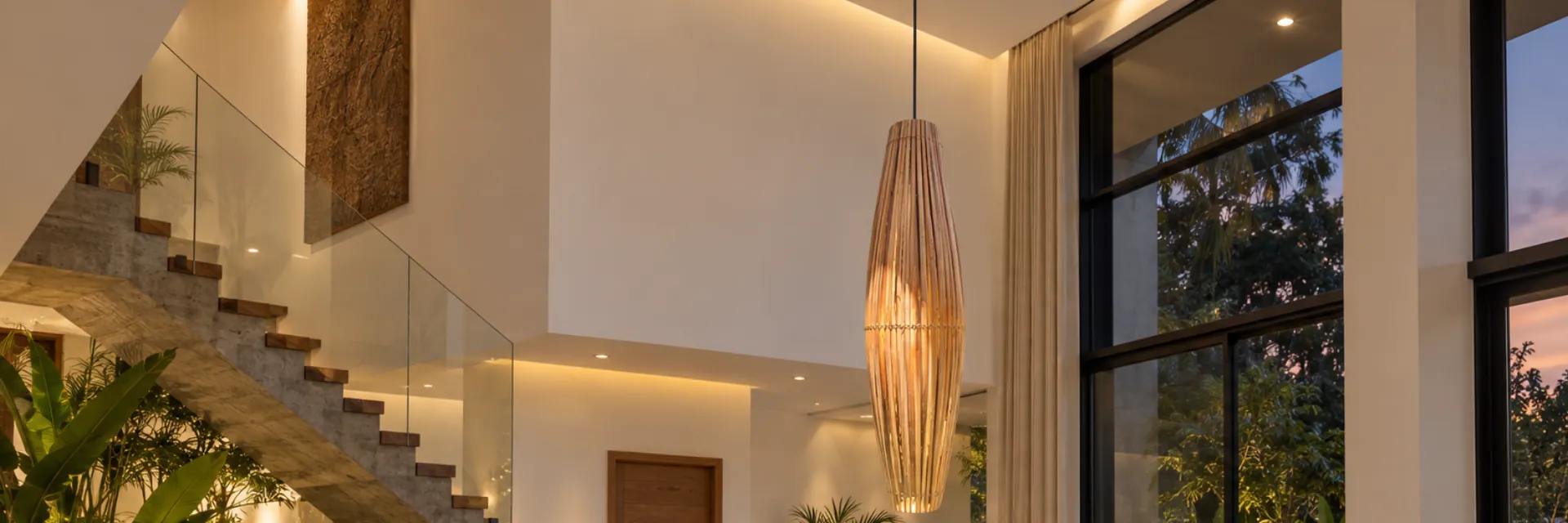 Sala de pé-direito duplo com cimento queimado, jardim interno e pendente fuso de bambu de 1,20 m