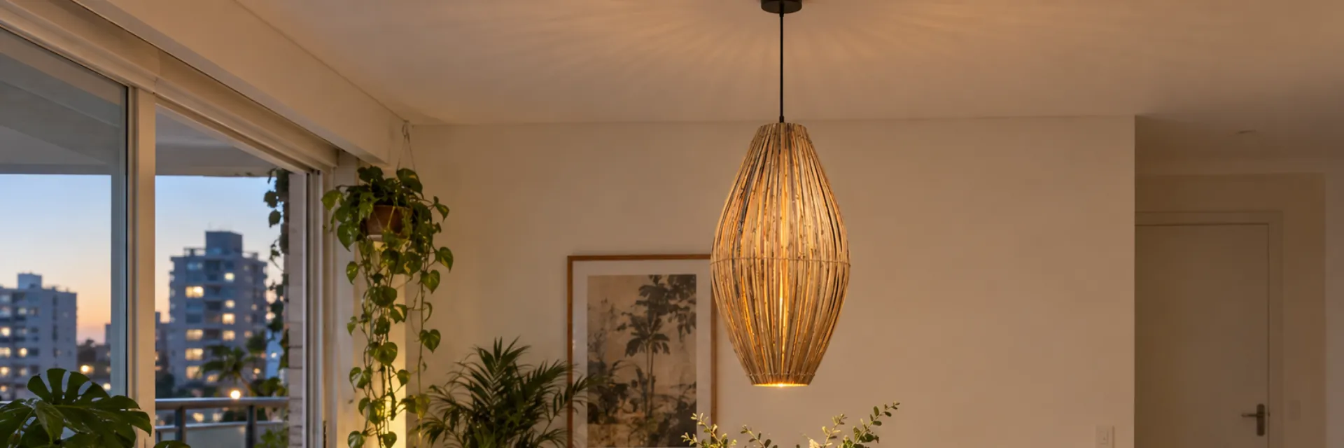 Mesa de jantar de apartamento com pendente balão de bambu aceso