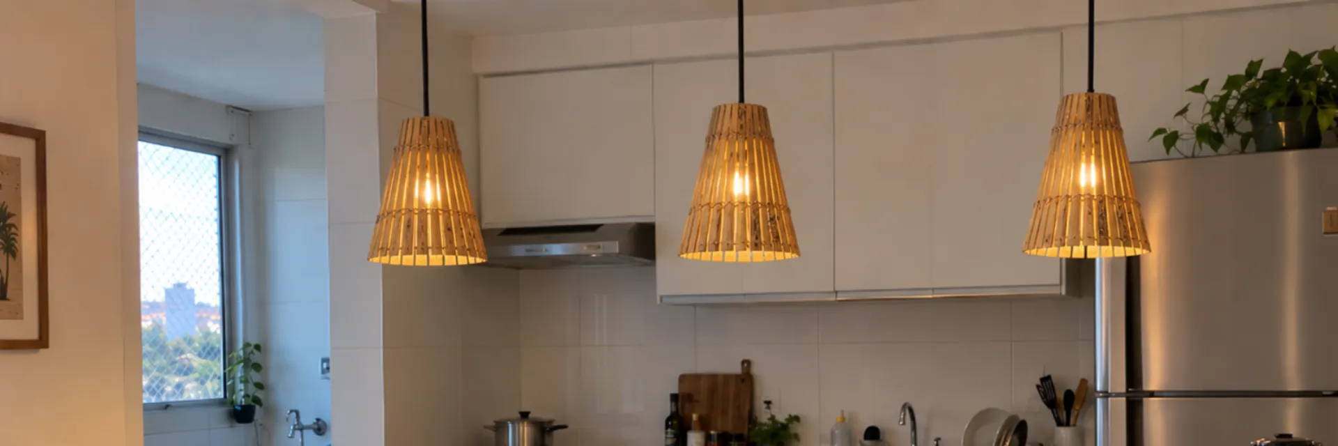 Bancada de cozinha americana com três pendentes cone de bambu