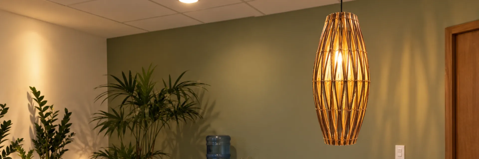 Recepção de consultório com pendente oval de bambu em losangos