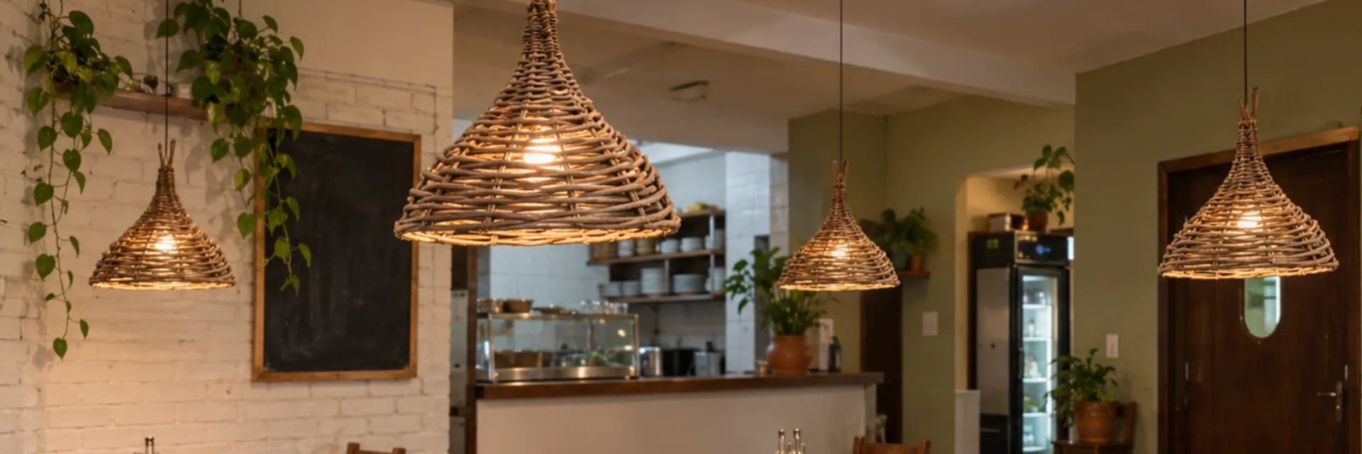 Restaurante de barrio con colgantes de bejuco trenzado sobre las mesas