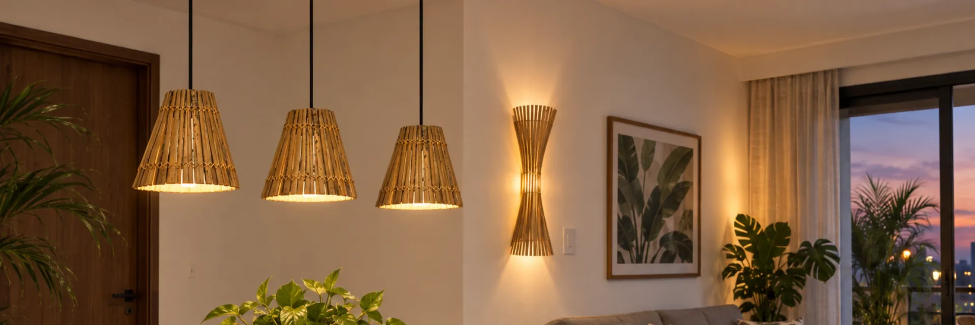 Apartamento de temporada com pendentes cone de bambu na mesa de jantar e arandela na parede