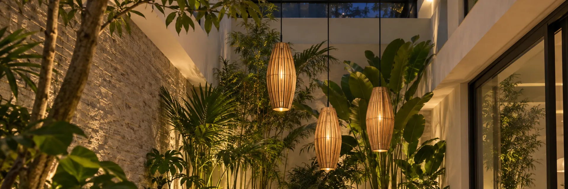 Jardim de inverno com pedras, plantas e pendentes balão gota de bambu