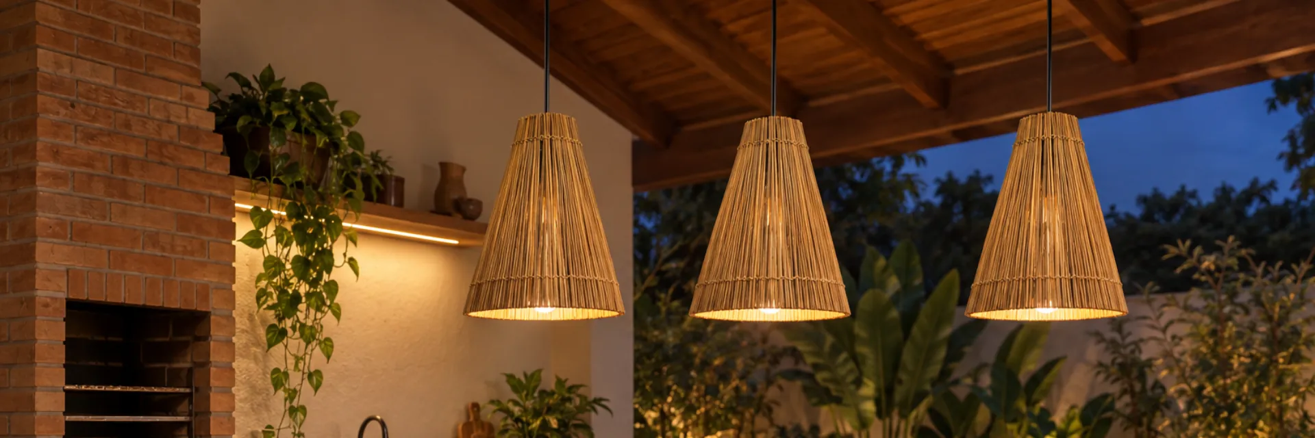 Área gourmet com churrasqueira e três pendentes cone (saia) de bambu