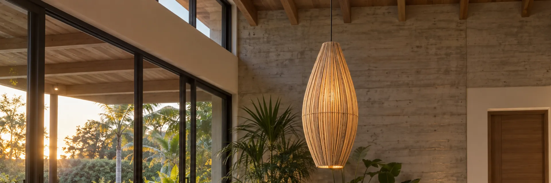 Sala de pé-direito alto com pendente balão gigante de bambu sobre a mesa de centro